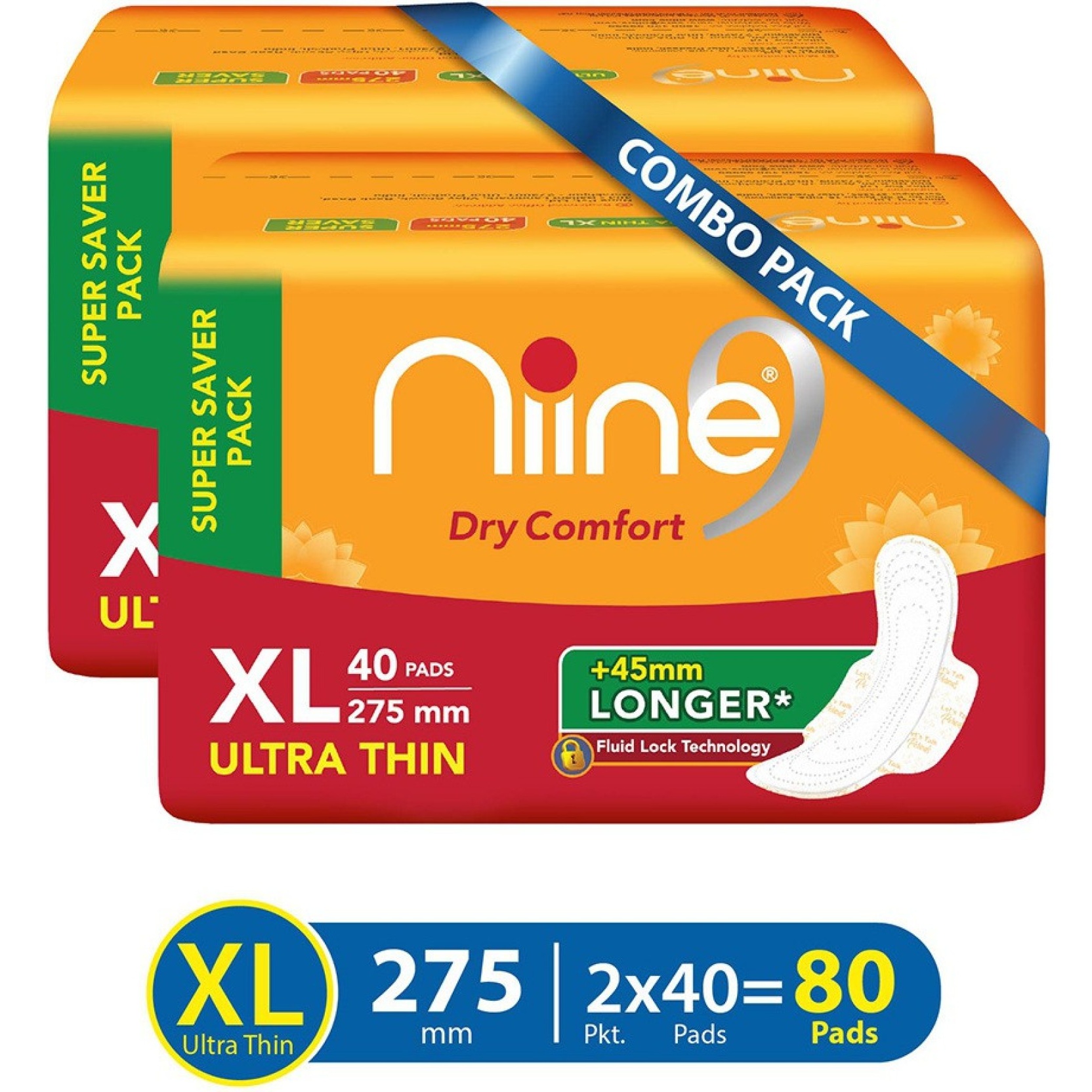 niine Dry Comfort Ultra Thin XL Sanitary Pads, Fluid Lock Gel